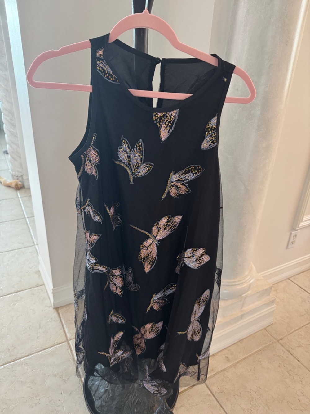 Anthropologie Black Mesh Dress with Pink and Gold Floral Embroidery
